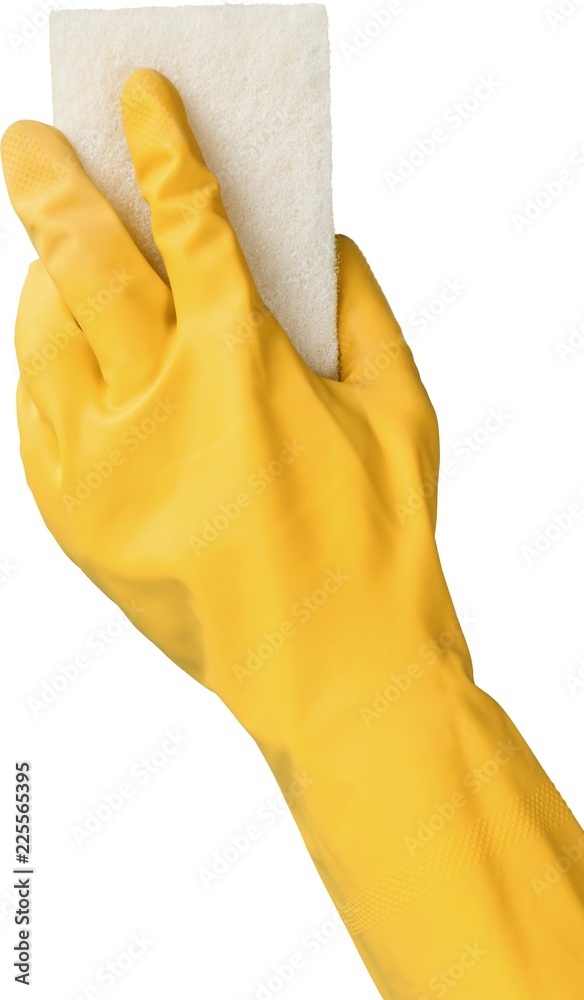 白色背景上隔离的带刷子的黄色清洁手套