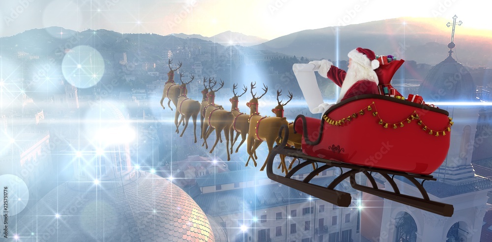 圣诞老人在圣诞节期间乘坐雪橇的合成图像