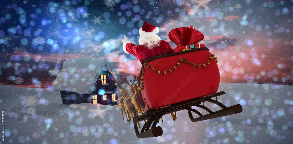 圣诞老人带着礼品盒坐在雪橇上的合成图像