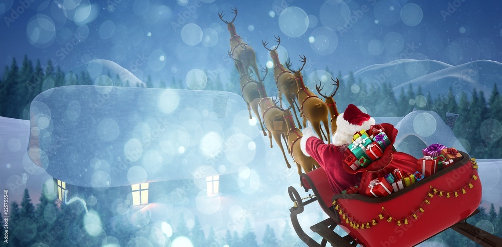 圣诞老人坐在雪橇上的高角度合成图像