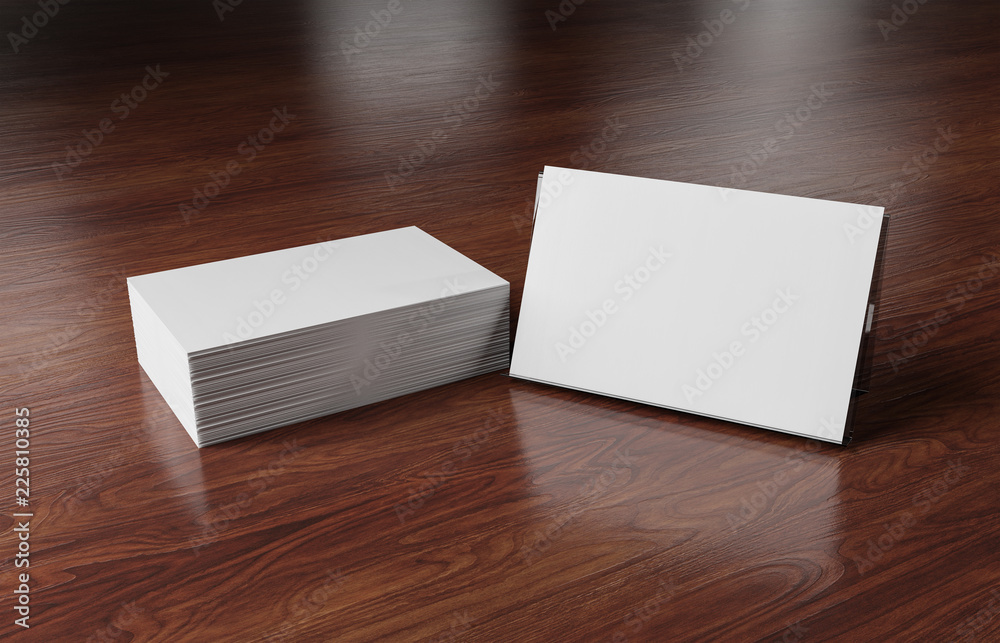 木制办公桌上的白色名片堆叠3D渲染