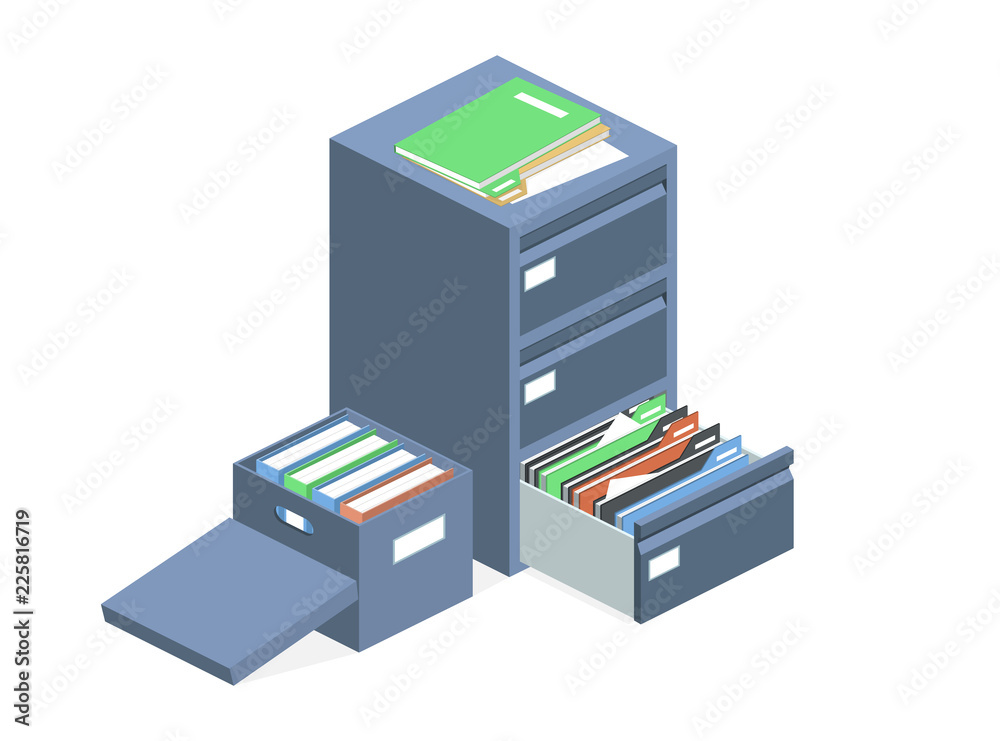 文件柜和文件归档存储盒矢量插图。独立等角业务折叠
