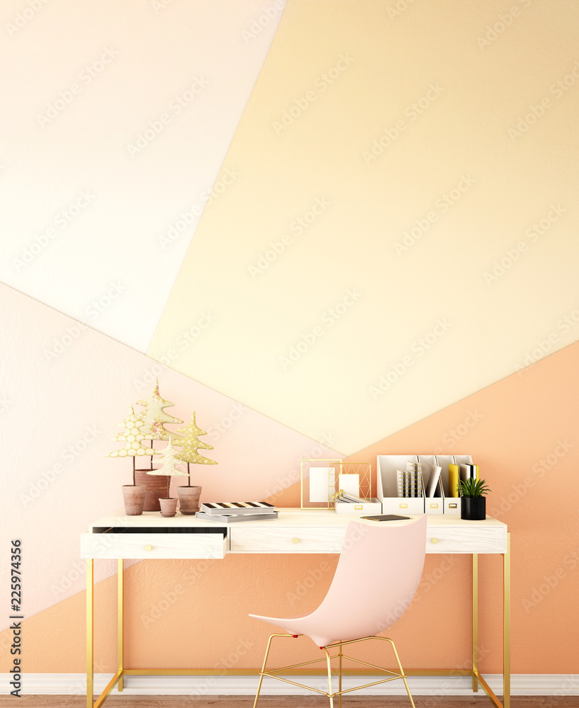 interior design for living area or reception with desk on wooden floor and pink background / 3d illu
