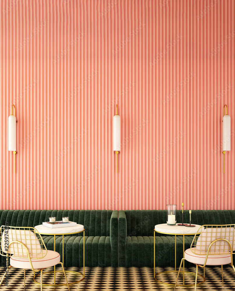 关于互补色概念、3d渲染、3d插图的咖啡厅室内设计