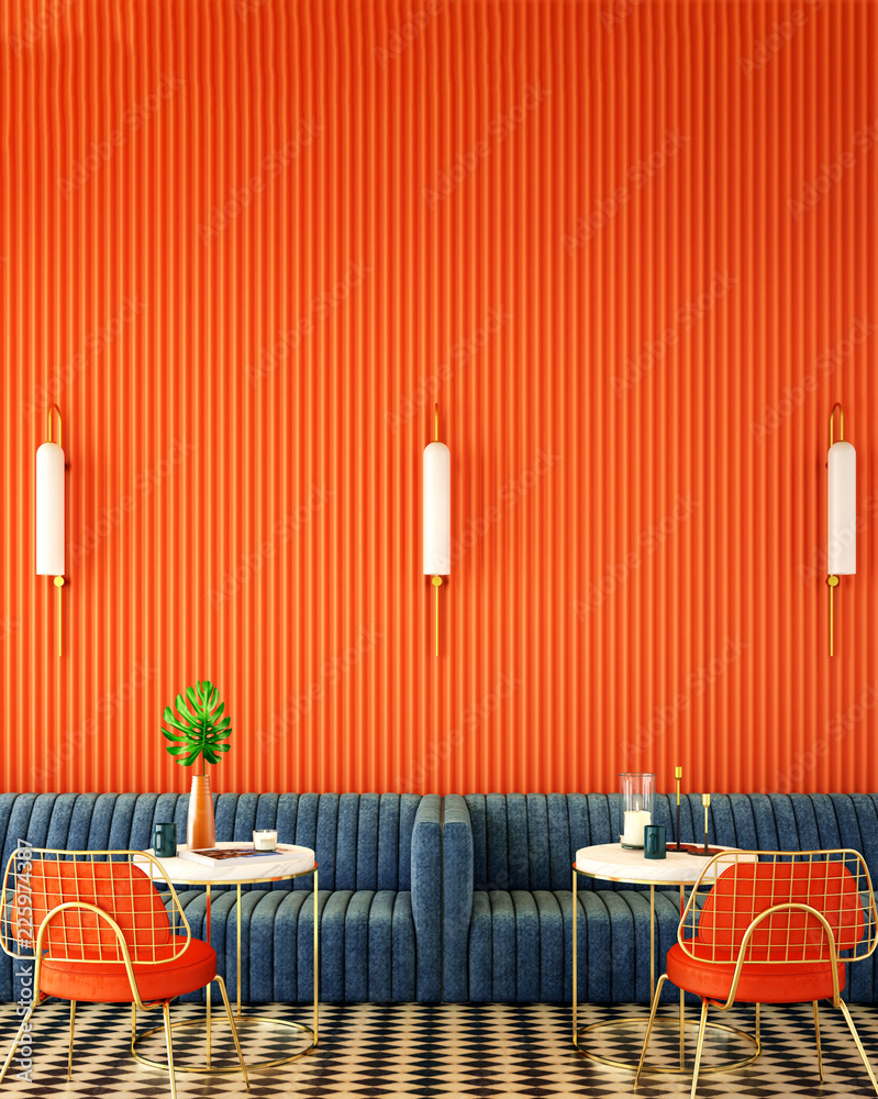 关于互补色彩概念的咖啡馆室内设计，三维渲染，三维插图