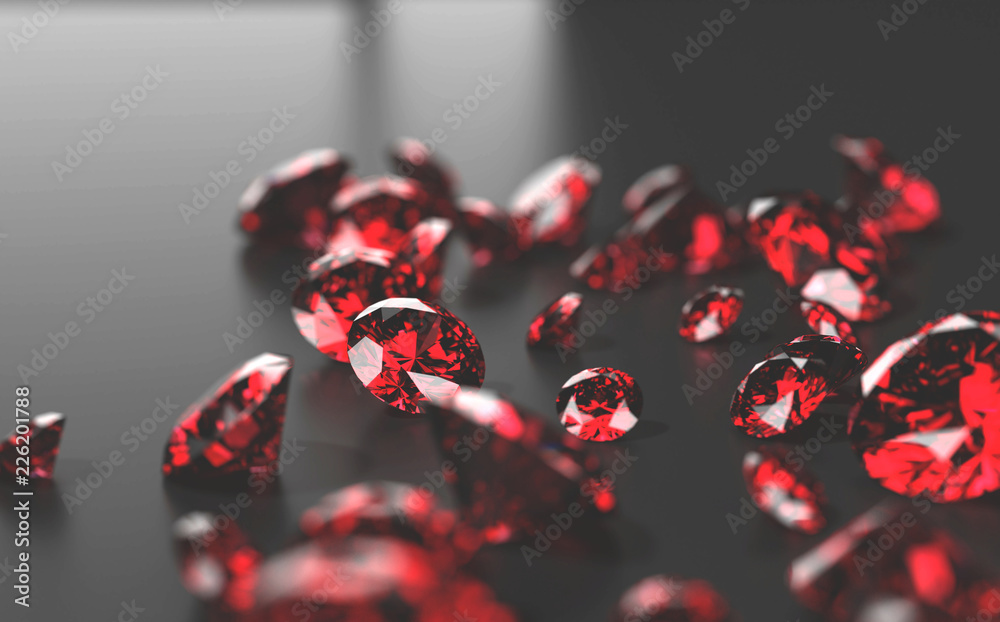 红色红宝石钻石置于黑色背景，3d