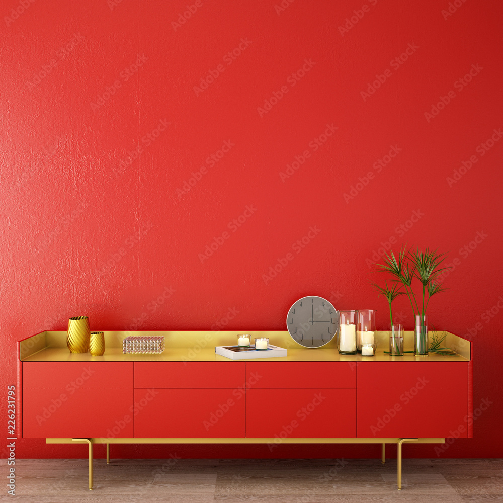 生活区或接待处的室内设计，木地板和红色背景的橱柜/3d ill