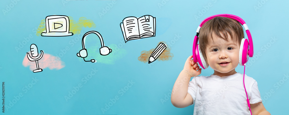 蓝底带耳机的蹒跚学步男孩的电子学习插图