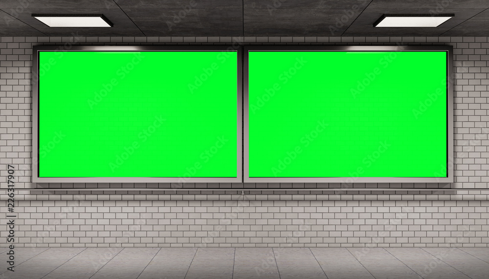 地下地铁站实体模型中的两个广告牌框架3D渲染