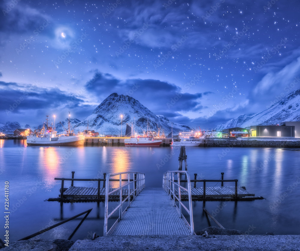 Lofo海上码头附近的渔船，背靠雪山和星空，夜晚有月亮