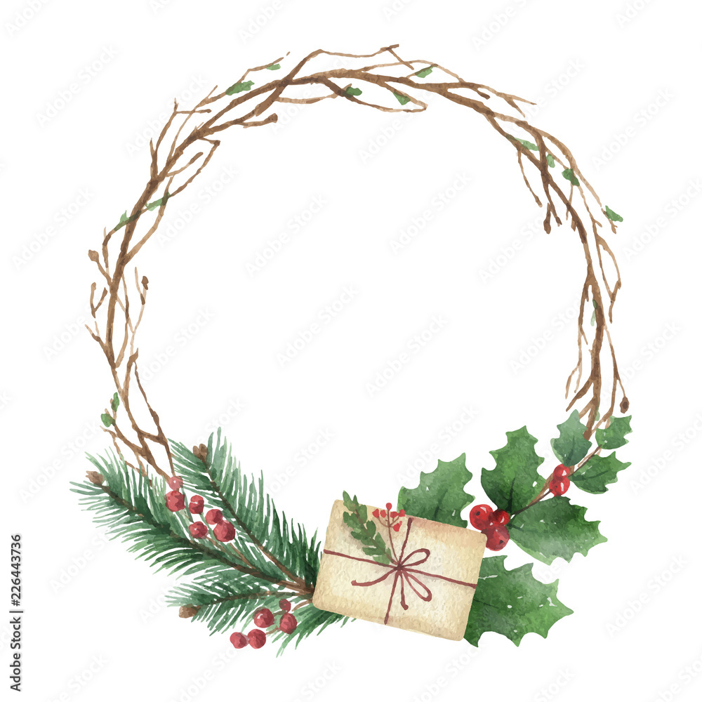 水彩矢量圣诞花环，配绿色冷杉树枝和礼物。