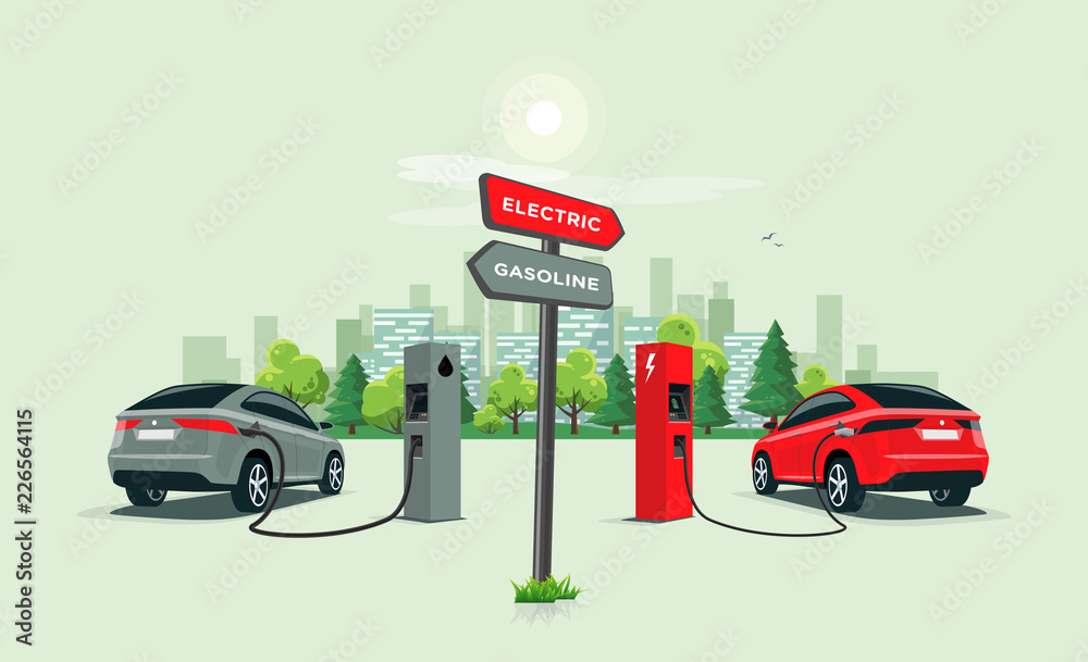 带有方向标志的电动汽车与汽油汽车的矢量图比较。电动汽车充电