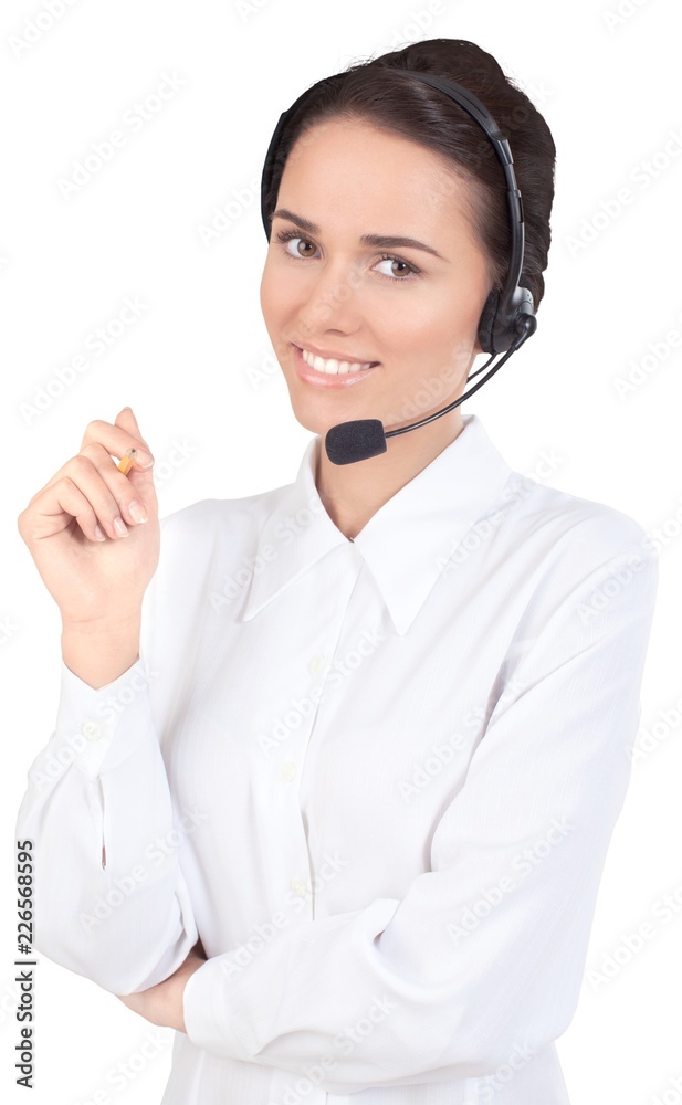 女性呼叫中心员工戴耳机通话-隔离
