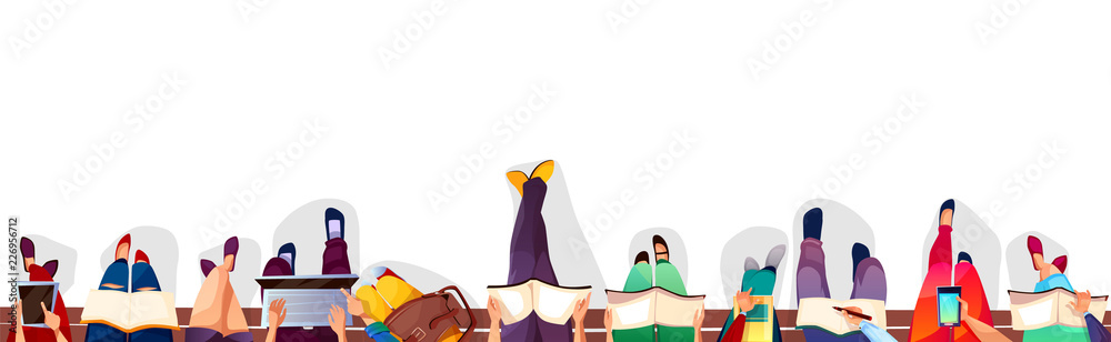 College students sitting on bench vector illustration. Top view of school or university campus girls