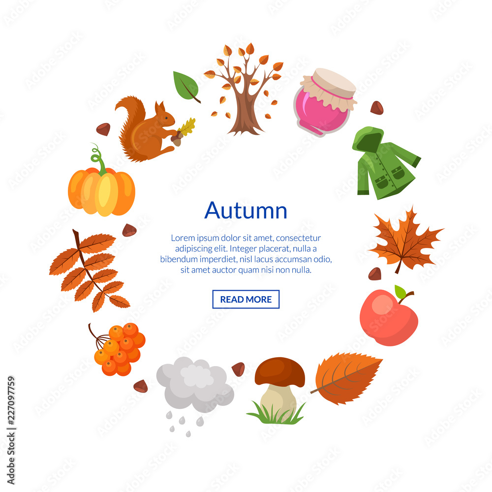 矢量卡通秋天的元素和树叶呈圆形，带有文本插图的位置