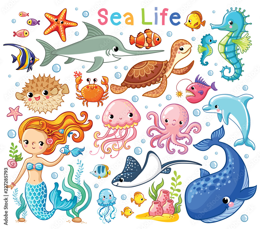 海洋动物和美人鱼的矢量集。卡通风格的海洋居民集