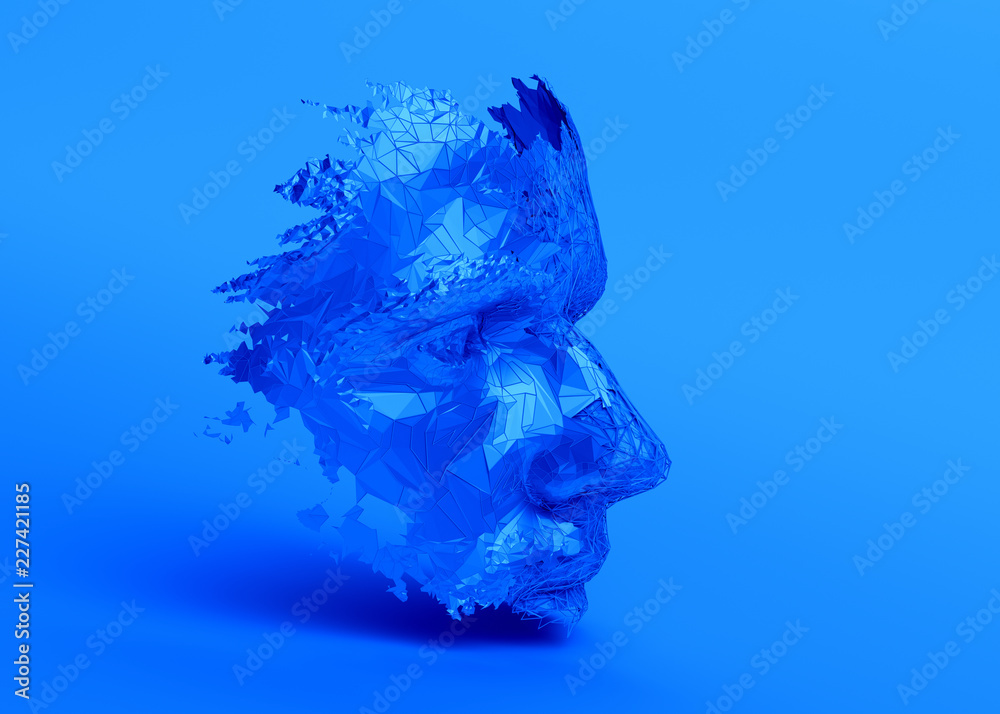 多边形人脸。半机械人头部结构的3D插图。人工智能概念