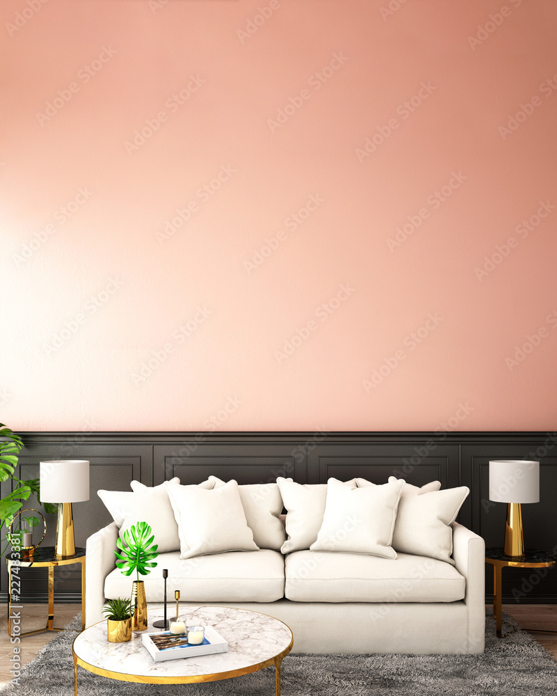 客厅或接待处的室内设计，配有沙发、植物、边桌、木地板道具和粉色