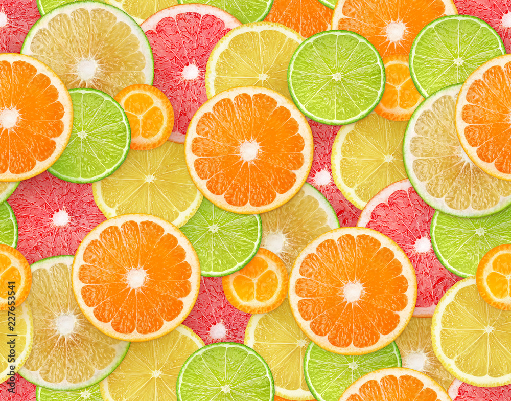 柑橘类水果背景。带有橙子、柠檬、酸橙、葡萄柚和金瓜的无缝图案