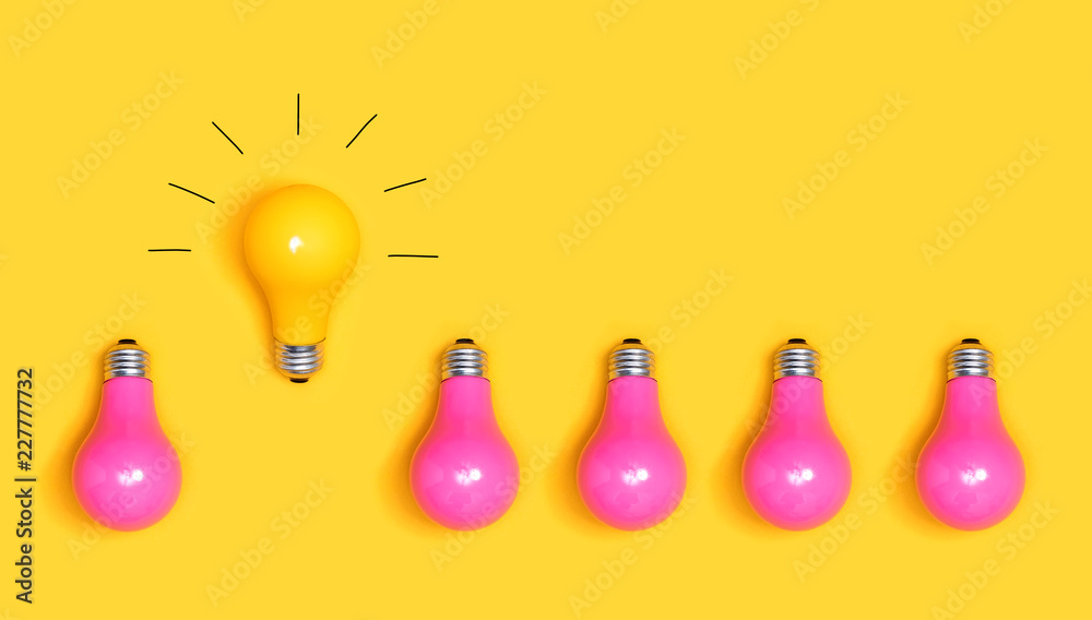 黄色和粉色灯泡的一个杰出创意概念