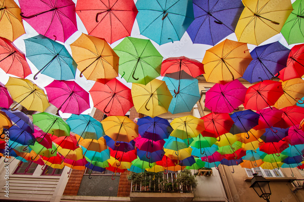 Street decoration with colorful umbrellas.Umbrella Sky Project in Agueda, Portugal.