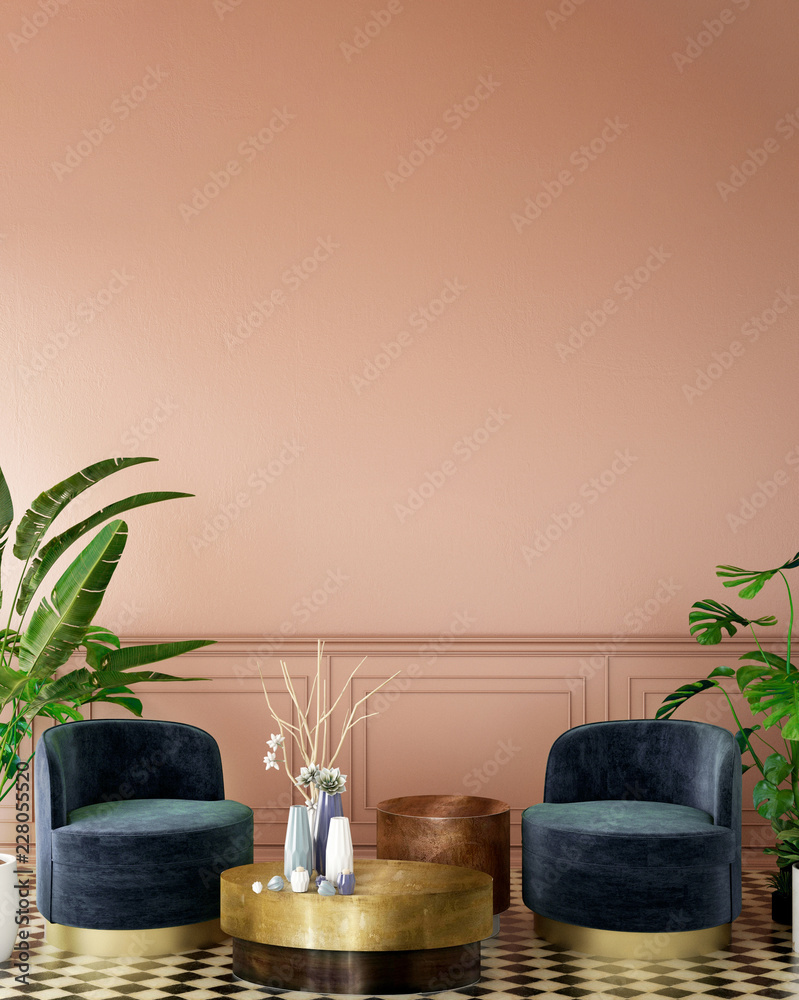 生活区或接待处的室内设计，深粉色墙壁、扶手椅、植物、瓷砖地板和