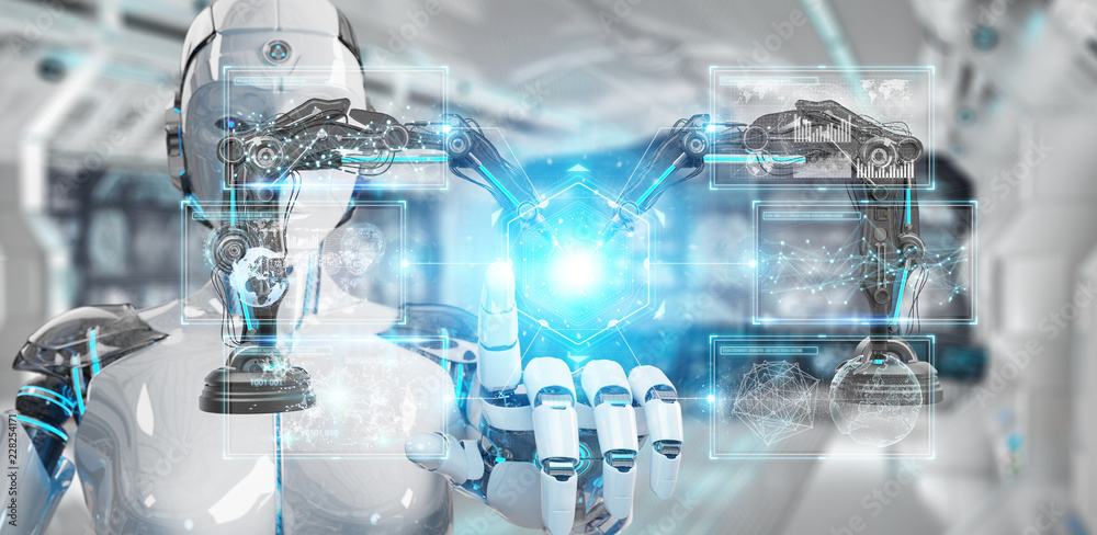 白人女性机器人使用带有数字屏幕3D渲染的机器人手臂
