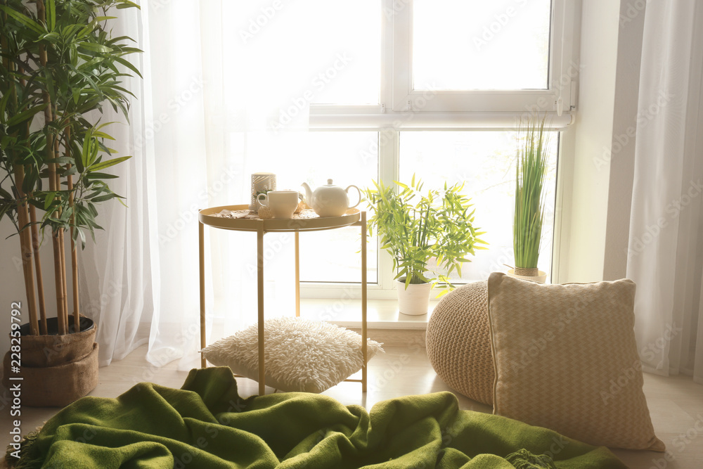 舒适的休息场所，房间窗户附近有枕头和柔软的格子布