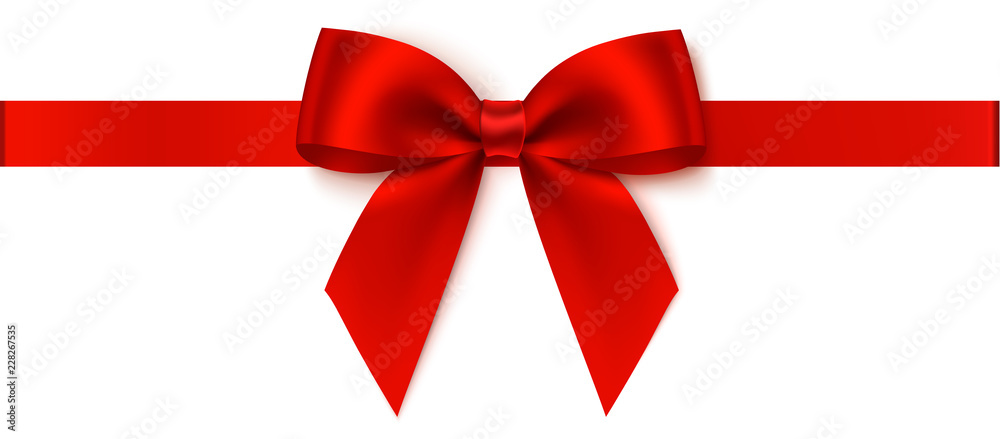 Decorative red bow with horizontal ribbon for gift decor. Holiday decoration. Vector bow and ribbon 