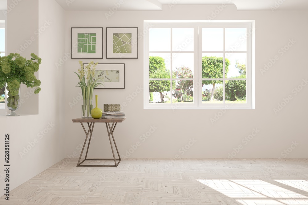 白色空房间，窗户里有夏季景观。3D插图
