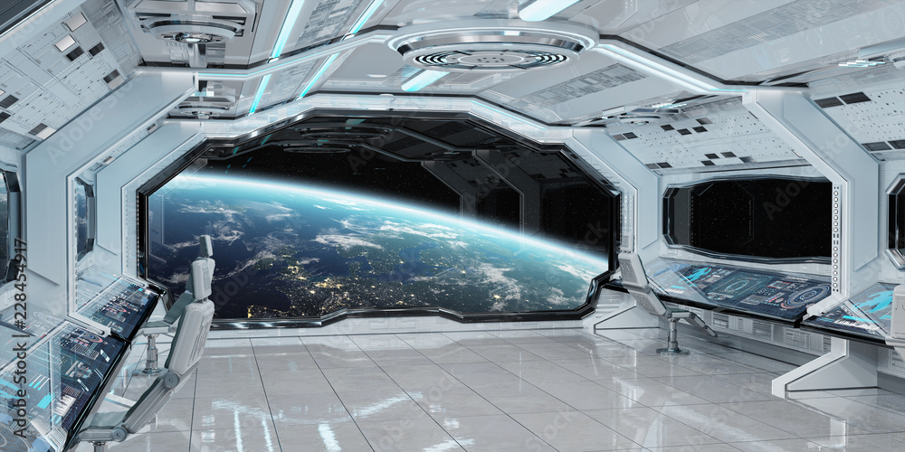 白色清洁太空船内部，可查看地球3D渲染