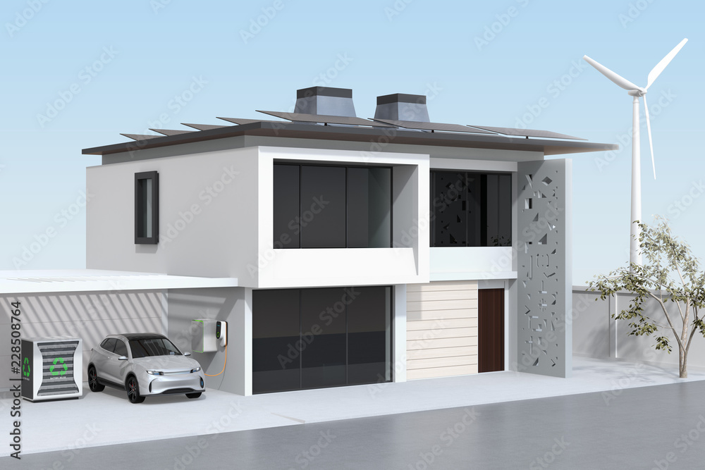 Electric vehicle recharging in garage. The smart home powered by solar panels, wind turbine and reus