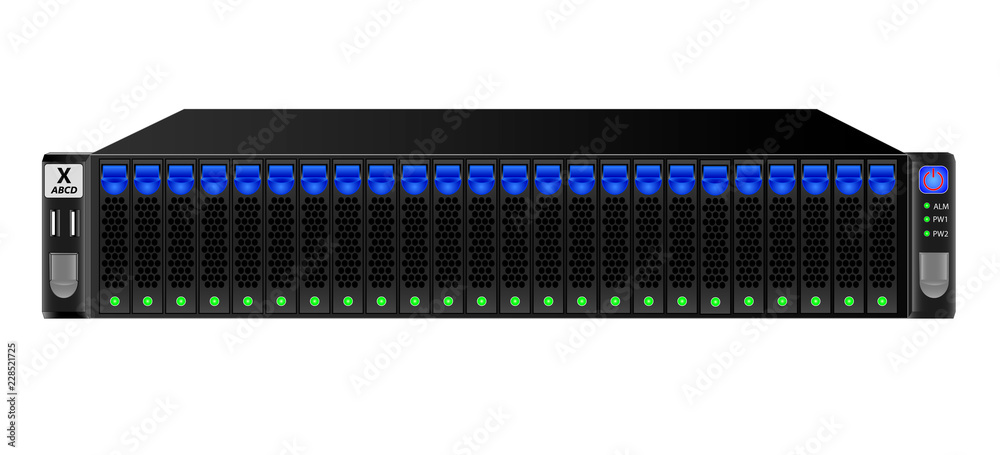 黑色运营商级服务器，用于安装在带有24个2.5英寸硬盘驱动器的19英寸机架上。