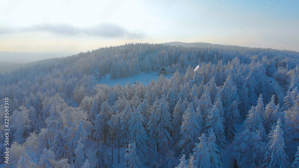 空中飞行：在寒冷的冬天早晨，朝着雪地里的一座木屋飞去。