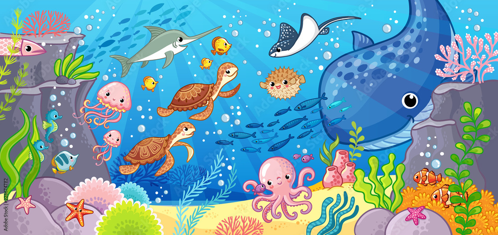 水下可爱的卡通动物。海洋主题的矢量插图。