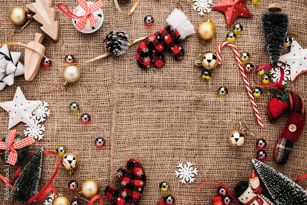 festive celebration background with christmas decorating items on old vintage rattan floor with free