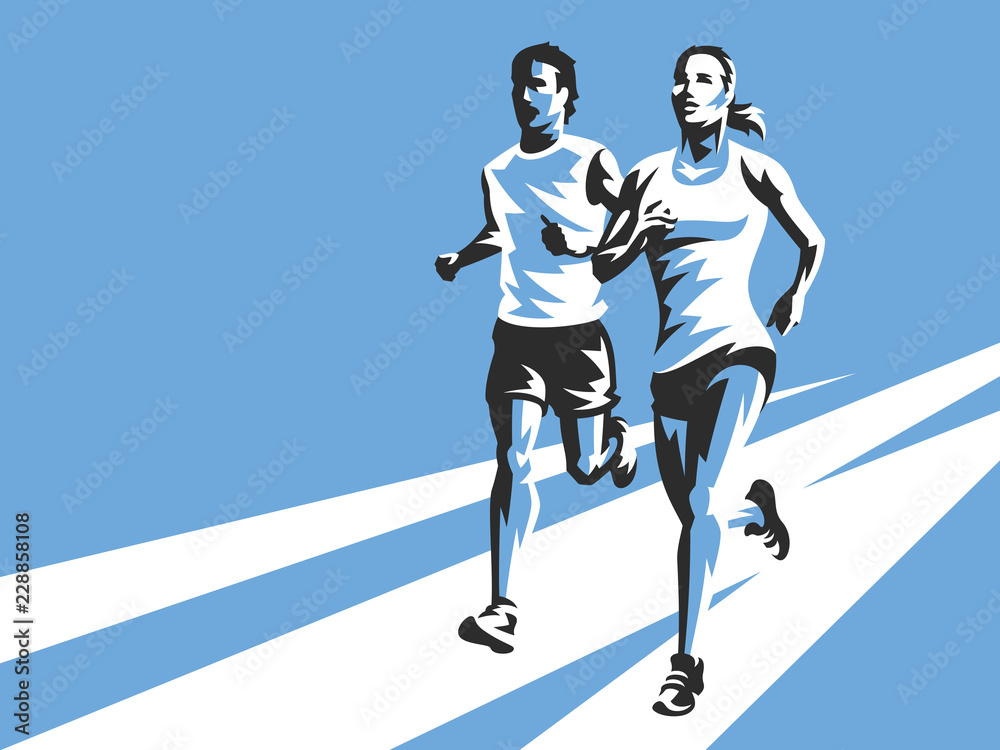 女人和男人在路上奔跑。蓝色背景的现代运动插图。易于使用和编辑