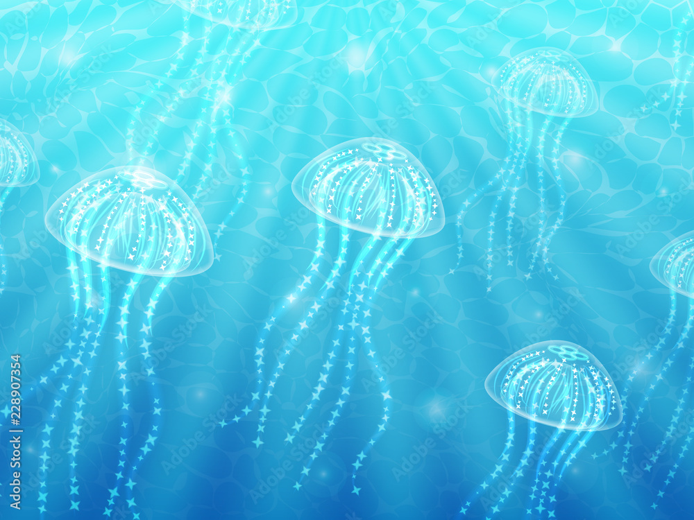 海洋中的透明水母。矢量插图。