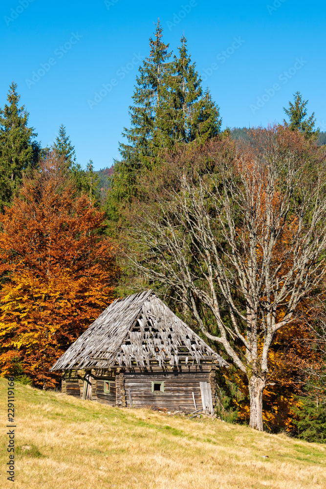 Alone house in autumn mountain