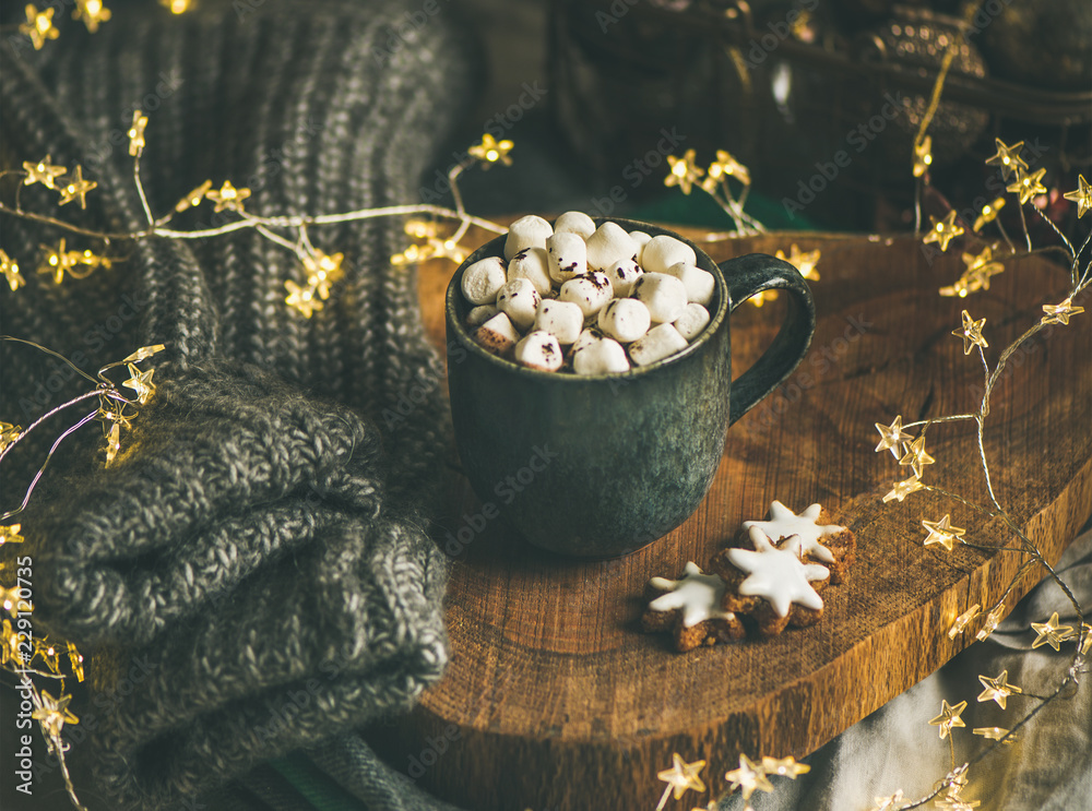 圣诞或新年冬季热巧克力配棉花糖和姜饼饼干，配木蟒蛇