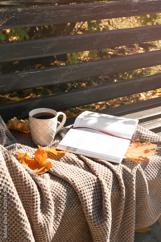 公园木长椅上的一杯热咖啡，上面有温暖的格子、笔记本和秋叶