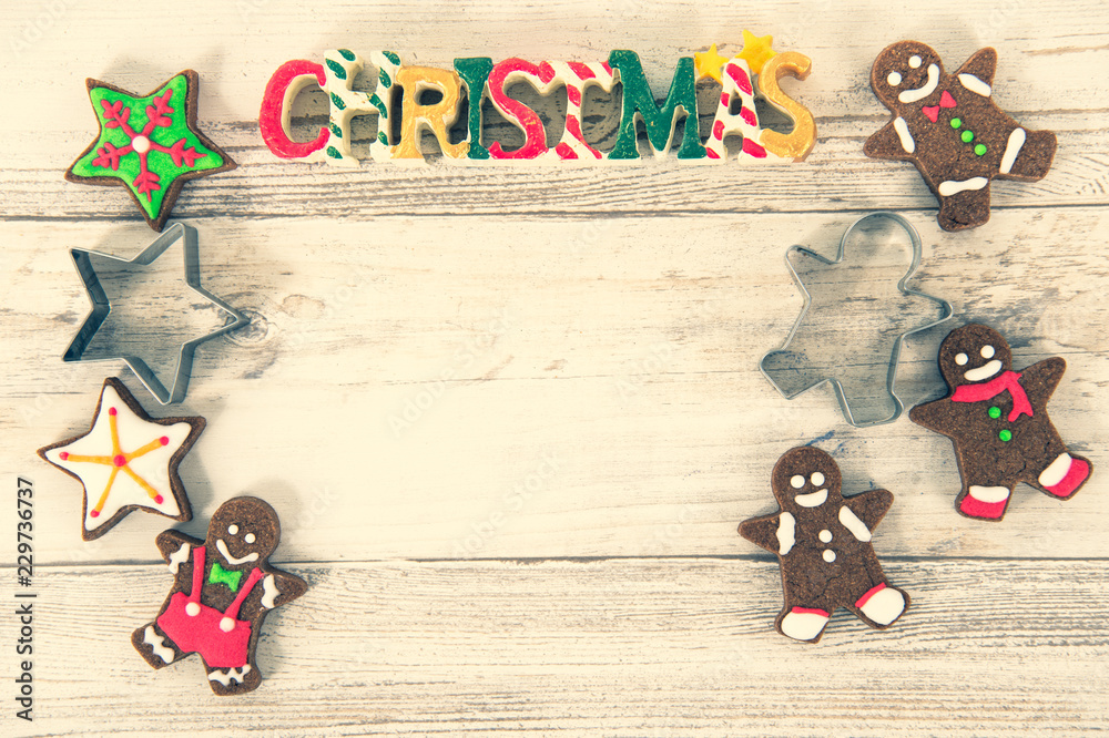 Beautiful Christmas composition and decoration with baked Christmas gingerbread cookies in paper bag