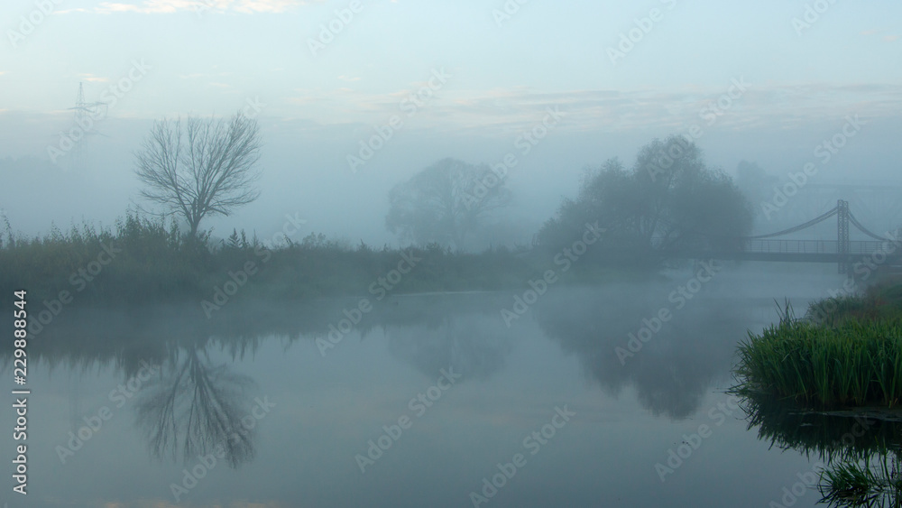 河上的晨雾。灰色的晨曦映衬着美丽的阳光