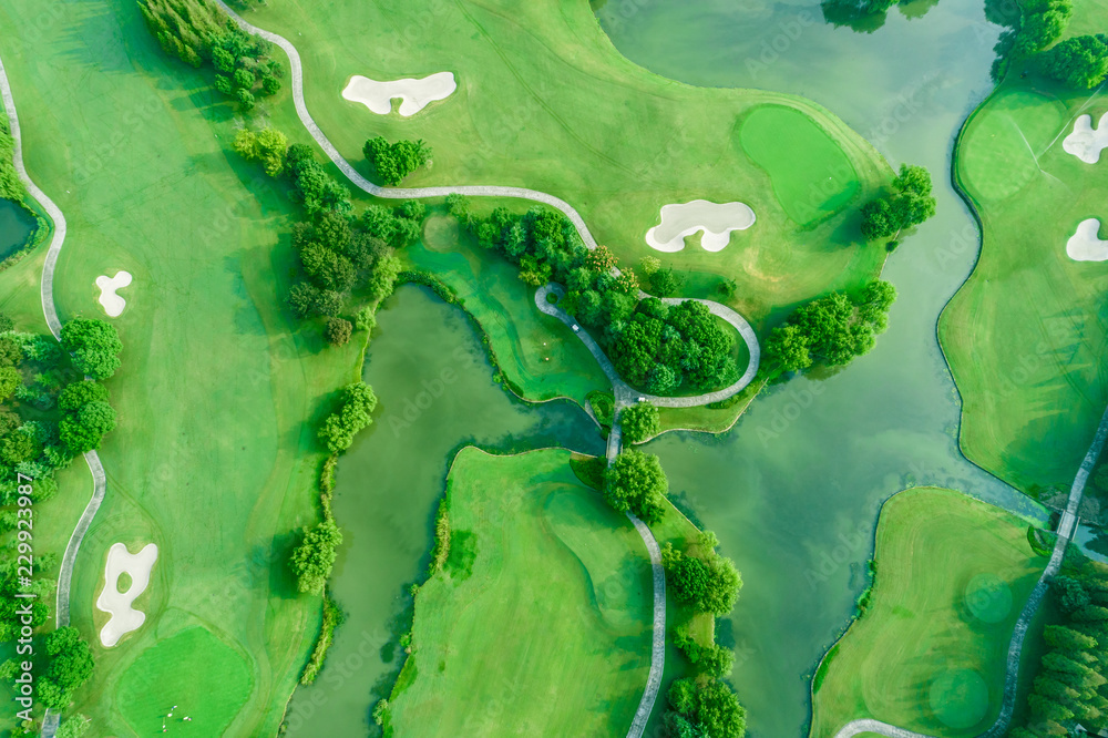 森林和高尔夫球场与湖泊的航拍照片