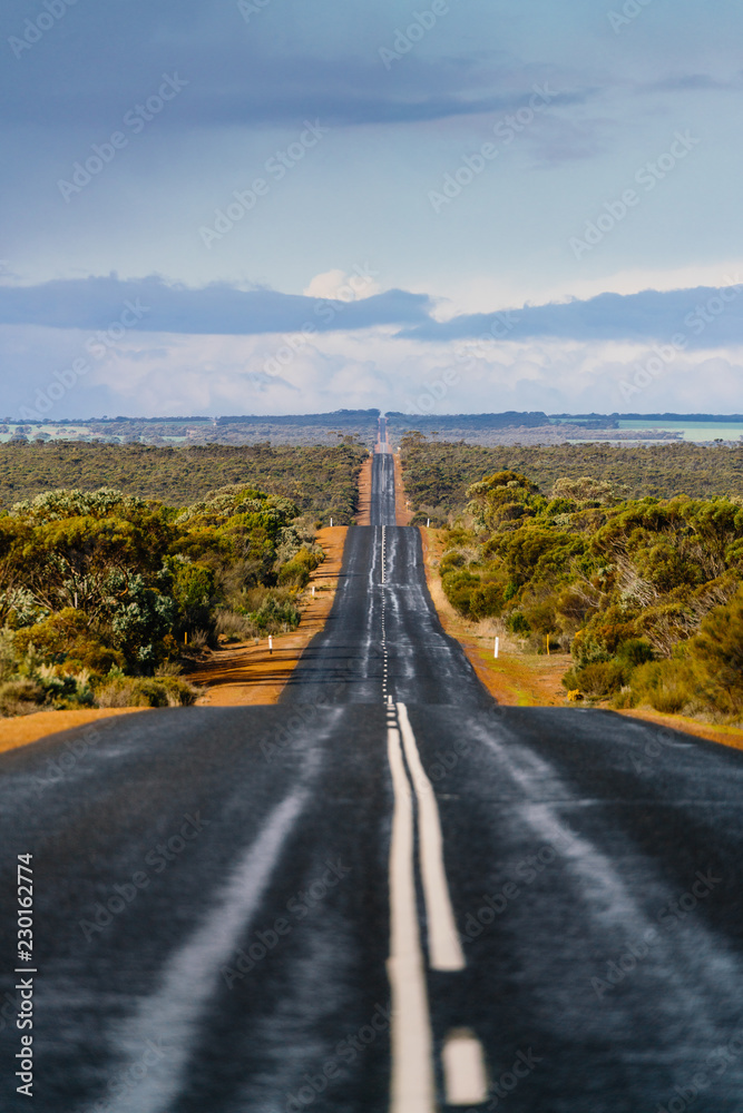 Long straight road through the West Australian wheatbelt leading into the distant horizon. Western A