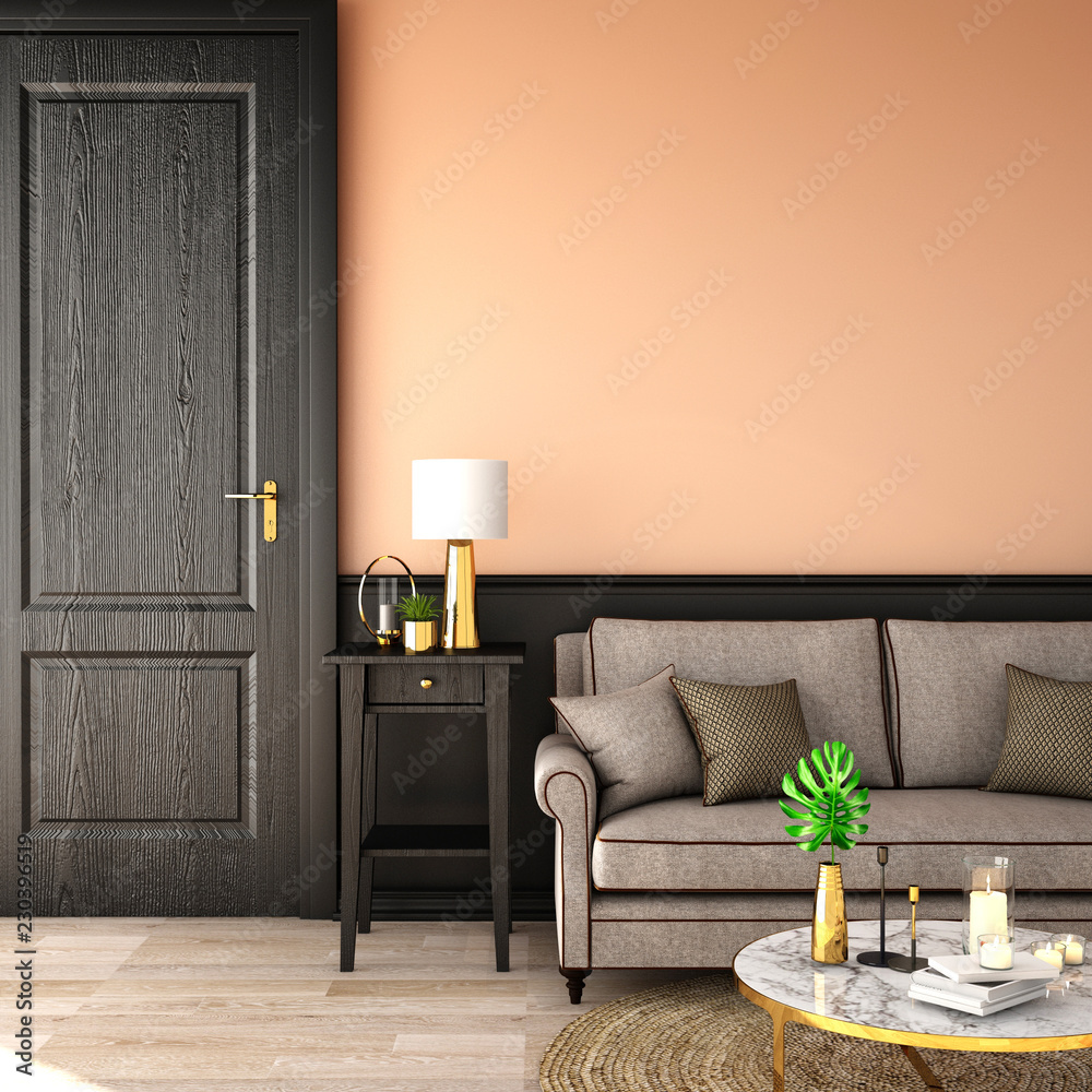 客厅或接待处的室内设计，配有沙发、植物、边桌、木地板道具和黑色