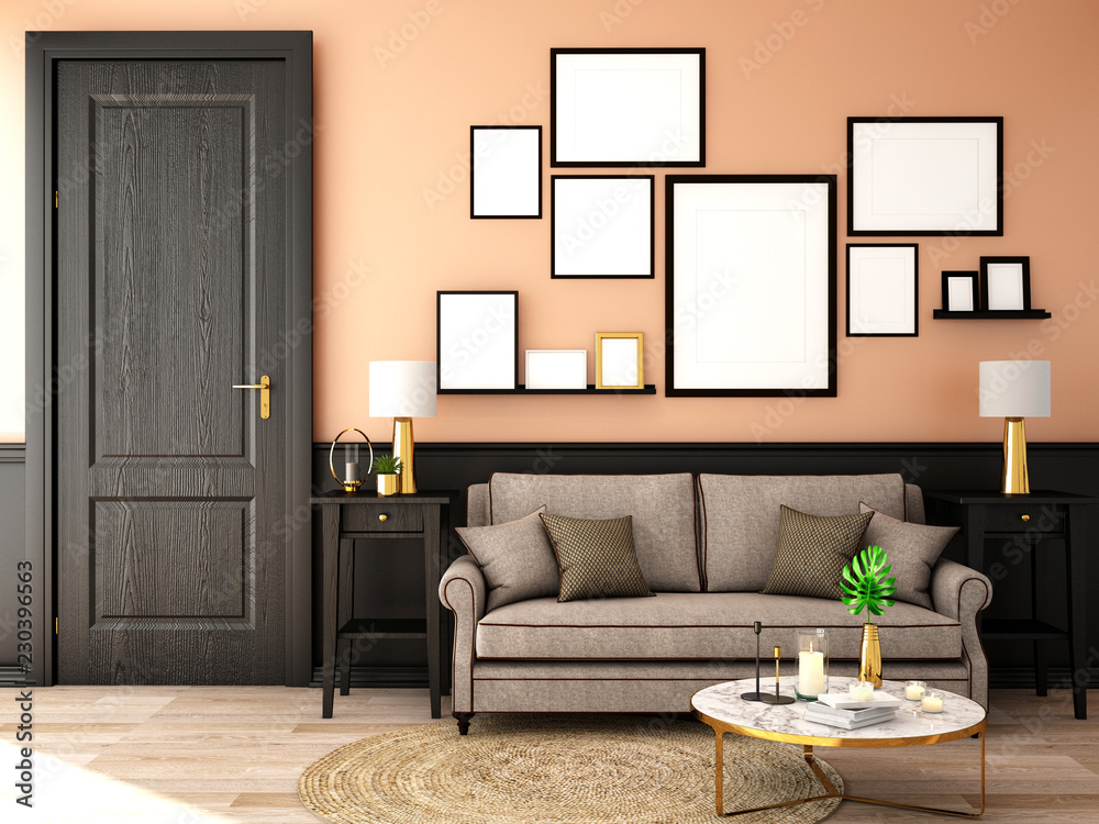 客厅或接待处的室内设计，配有沙发、植物、边桌、木地板道具和黑色