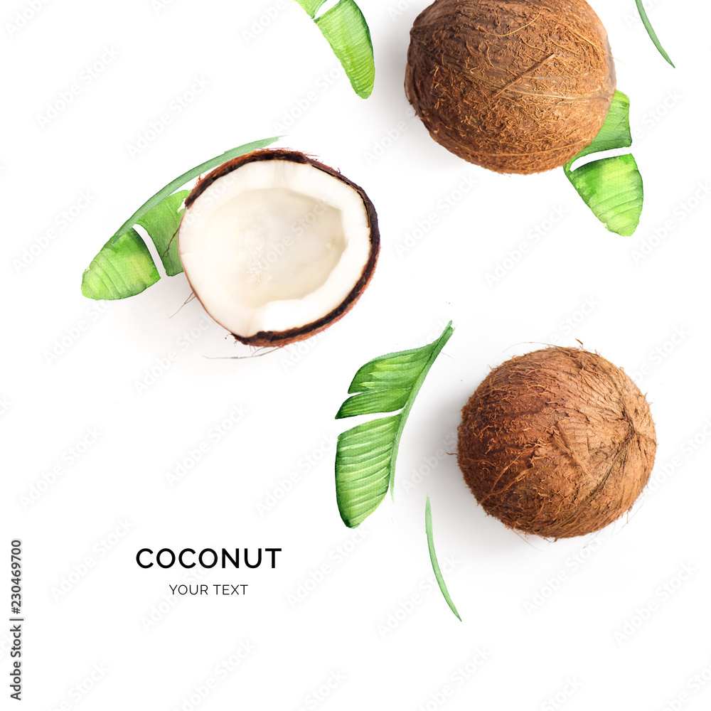 椰子在水彩背景上的创意布局。平面布置。食物概念。