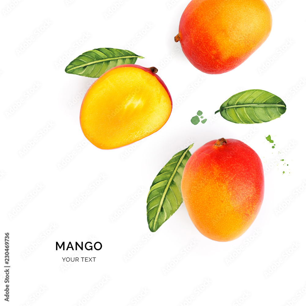 芒果在水彩背景上的创意布局。平面布置。食物概念。