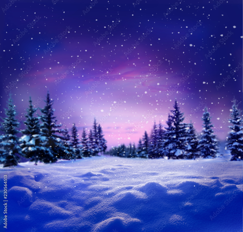 美丽的冬夜景观，白雪覆盖的树木。圣诞背景。新年快乐
